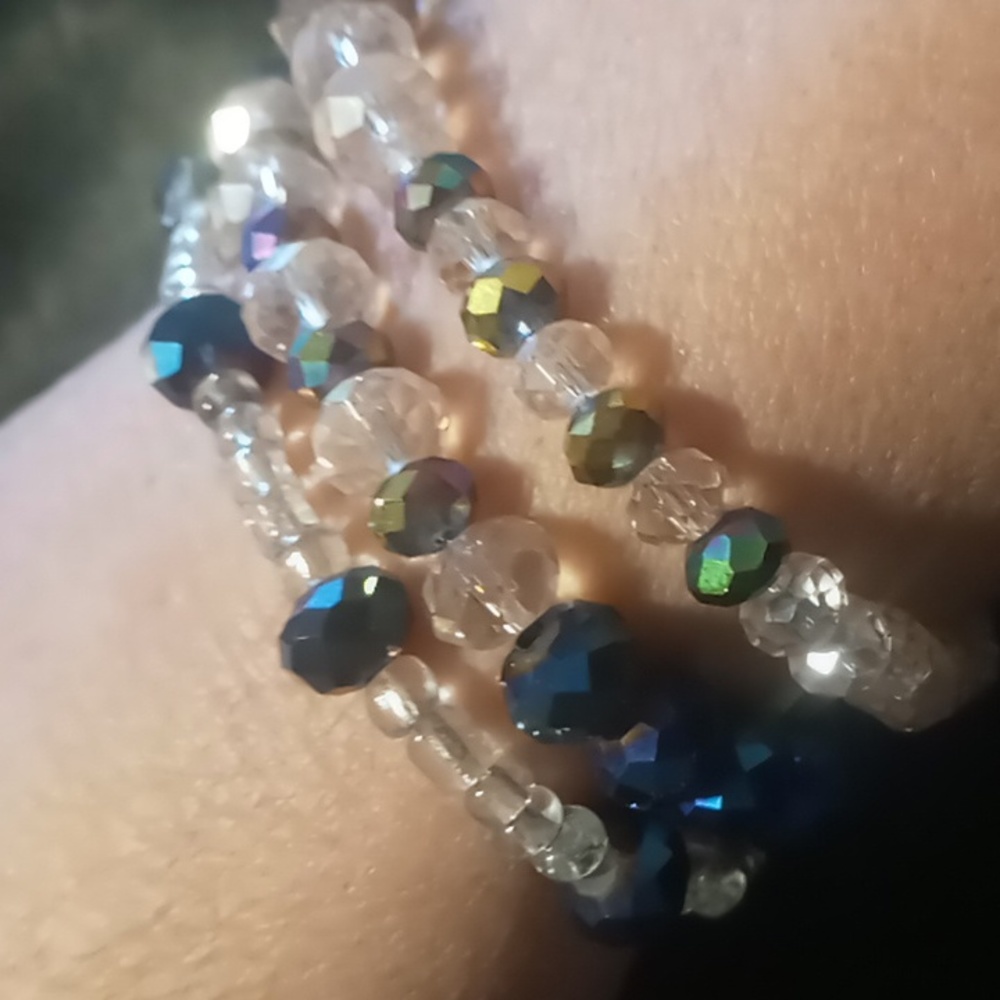 Glass crystal cut beaded expandable bracelets 3 opalescent blue multi color